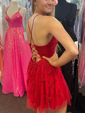 Short A-line V Neck Backless Lace Prom Dresses Red Formal Homecoming Dresses