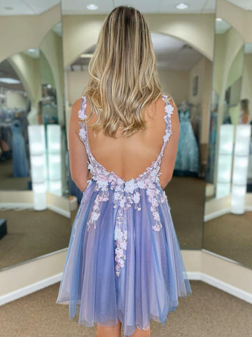 Short A-line V-neck Lace Floral Tulle Backless Formal Prom Homecoming Dresses