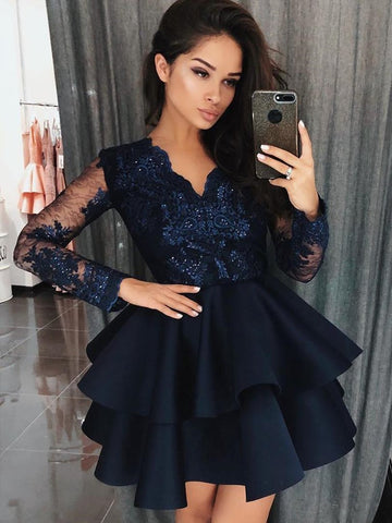Short A-line V-neck Lace Prom Dresses with Sleeves