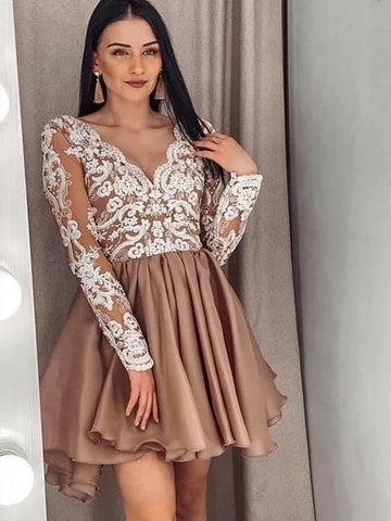 Short A-line V Neck Lace Prom Homecoming Dresses with Sleeves