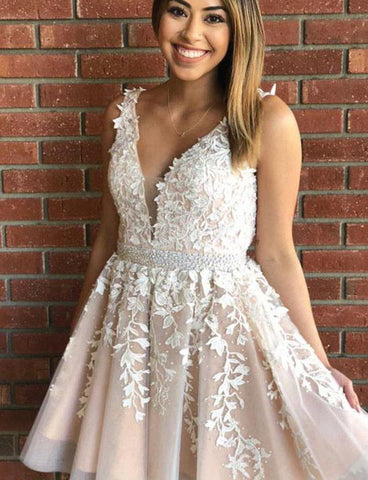 Short A-line V-neck Lace Tulle Homecoming Dress