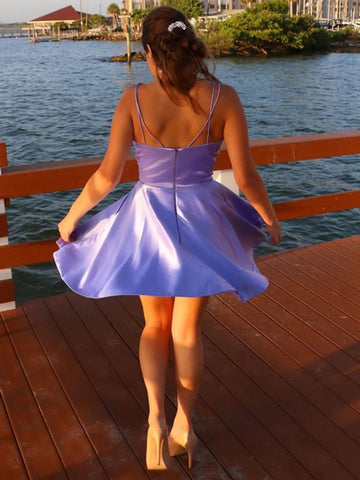 Short A-line V-neck Satin Prom Dress with Pockets Lilac Homecoming Dresses