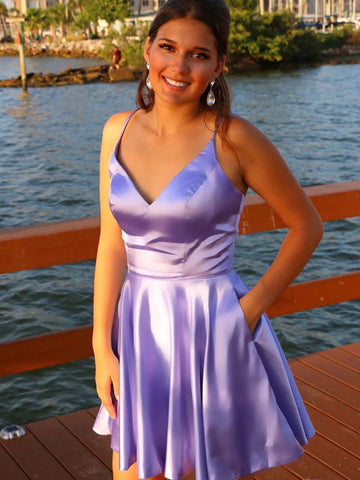 Short A-line V-neck Satin Prom Dress with Pockets Lilac Homecoming Dresses