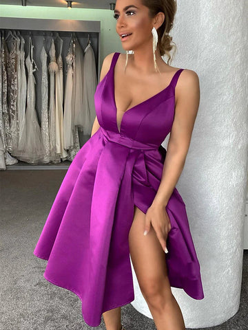 Short A-line V-neck Satin Prom Dress with Slit Purple Homecoming Dresses
