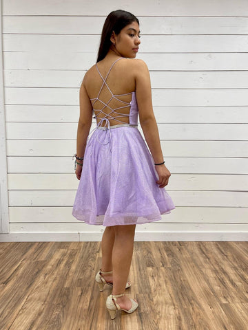 Short A-line V Neck Tulle Backless Prom Dresses Lilac Homecoming Dresses