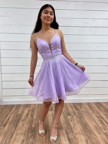 Short A-line V Neck Tulle Backless Prom Dresses Lilac Homecoming Dresses