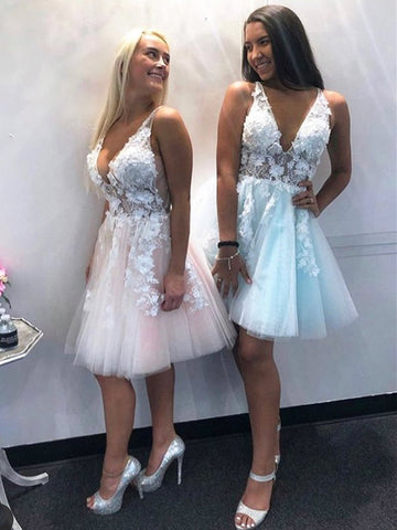Short A-line V-neck Tulle Lace Backless Prom Homecoming Dresses