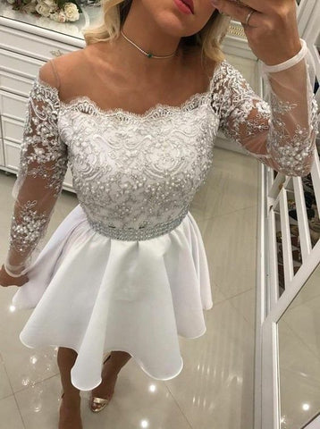 Short A Line White Lace Long Sleeves Chiffon Prom Dresses