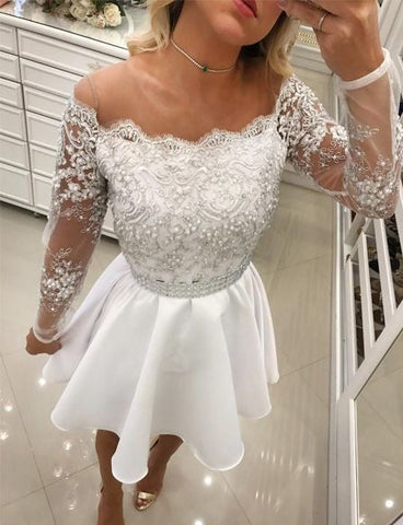 Short A Line White Lace Long Sleeves Chiffon Prom Dresses