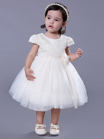 Short Ball Gown Lace Jewel Neck Wedding Event Party Flower Girl Dresses with Sleeves