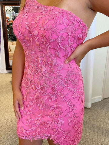 Short Mermaid One Shoulder Lace Prom Dresses, Pink Homecoming Dresses