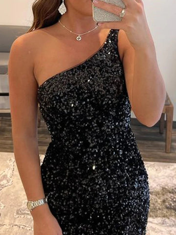Short Mermaid One Shoulder Sequins Backless Prom Dresses Black Homecoming Dresses