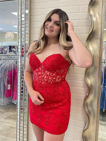 Short Mermaid Sweetheart Lace Prom Dress Red Homecoming Dresses