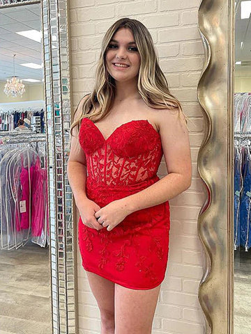 Short Mermaid Sweetheart Lace Prom Dress Red Homecoming Dresses