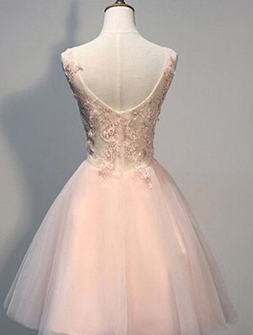 Short Pink A Line Tulle Prom Dresses With Lace Appliques