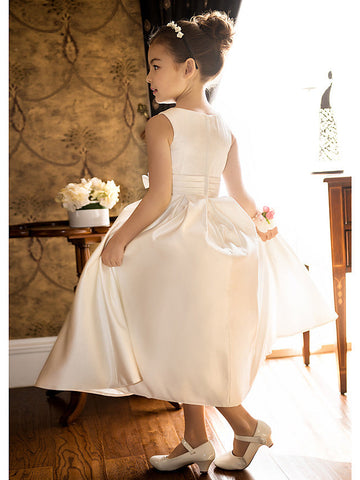 Short Princess Satin Jewel Neck Wedding First Communion Flower Girl Dresses