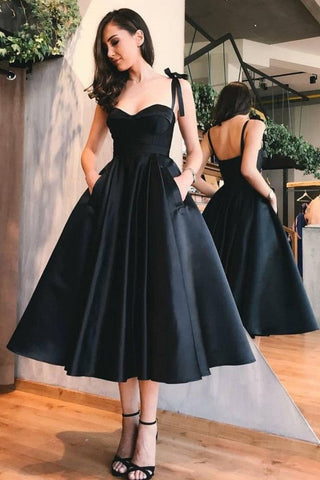 Short Sweetheart Satin Backless Black Prom Dress with Pockets