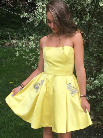 Short Yellow A-line Strapless Satin Prom Homecoming Dresses with Beading
