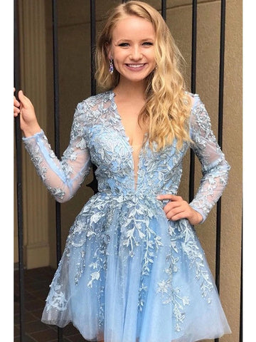 Short/Mini A-Line V-neck Lace Prom Dresses with Sleeves