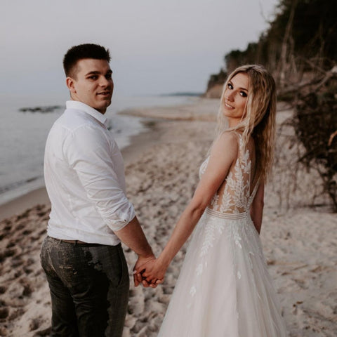 Simple A-line Backless Wedding Dresses with Lace