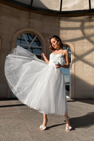 Simple A-Line Short Spaghetti Straps Tulle Wedding Dresses