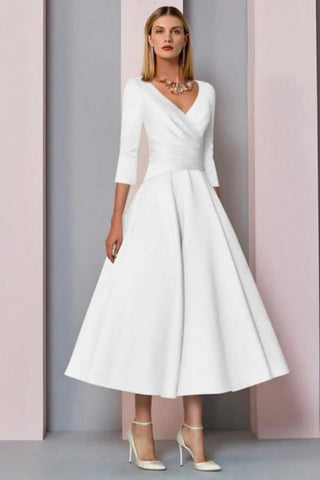 Simple A-line Short V-Neck Long Sleeves Satin Wedding Dresses