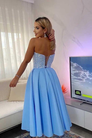 Simple A-line Strapless Satin Blue Short Prom Dress