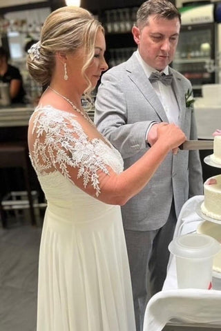 Simple Half-Sleeve Chiffon Sheath Wedding Dresses Bridal Gowns With Lace