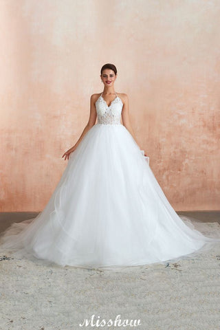 Simple Halter Ball Gown Open Back Lace Bridal Gown with Chapel Train