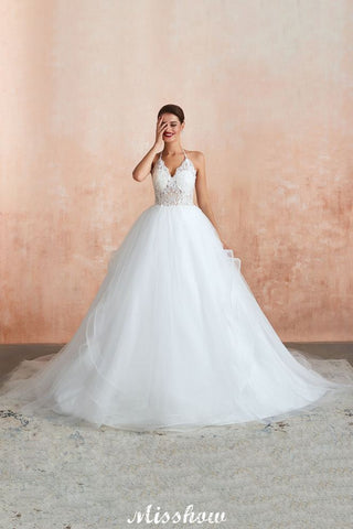 Simple Halter Ball Gown Open Back Lace Bridal Gown with Chapel Train