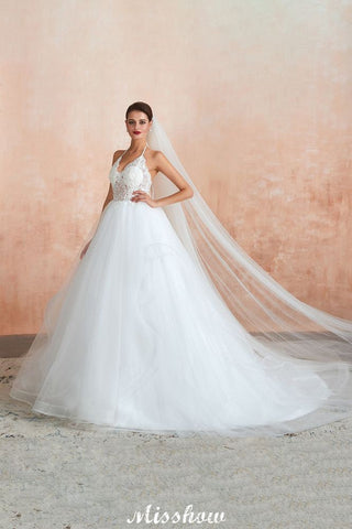 Simple Halter Ball Gown Open Back Lace Bridal Gown with Chapel Train