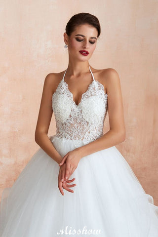 Simple Halter Ball Gown Open Back Lace Bridal Gown with Chapel Train