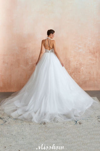 Simple Halter Ball Gown Open Back Lace Bridal Gown with Chapel Train
