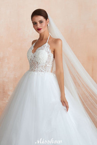 Simple Halter Ball Gown Open Back Lace Bridal Gown with Chapel Train