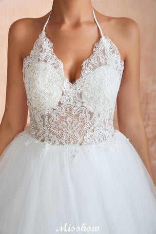 Simple Halter Ball Gown Open Back Lace Bridal Gown with Chapel Train