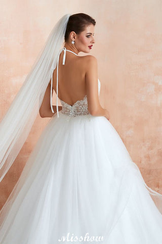 Simple Halter Ball Gown Open Back Lace Bridal Gown with Chapel Train