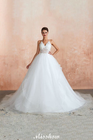 Simple Halter Ball Gown Open Back Lace Bridal Gown with Chapel Train