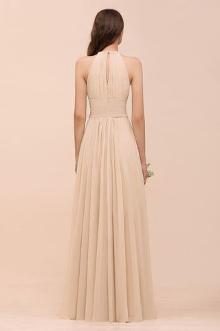 Simple Halter Champagne Slim Long Bridesmaid Dress