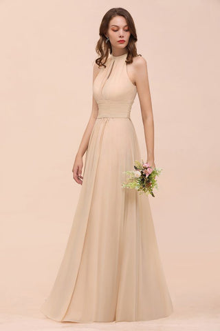 Simple Halter Champagne Slim Long Bridesmaid Dress