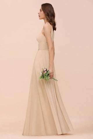 Simple Halter Champagne Slim Long Bridesmaid Dress