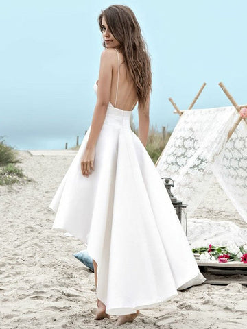 Simple High Low A-Line V-neck Spaghetti Straps Wedding Dress With Pockets