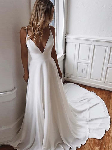 Simple Ivory Long A-line V-Neck Satin Backelss Wedding Dresses