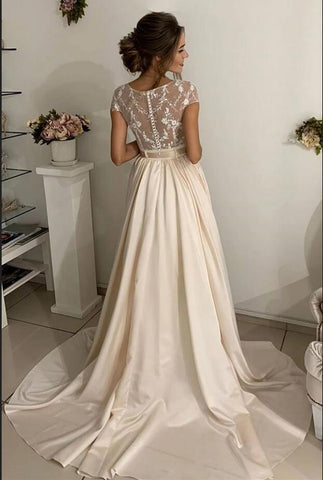 Simple Long A-line jewel Stretch Satin Lace Wedding Dresses