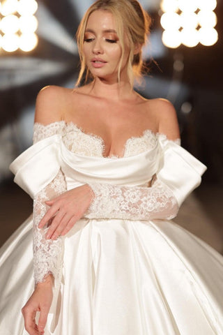 Simple Long A-line Off-the-shoulder Princess Satin Lace Wedding Dresses With Long Sleeves