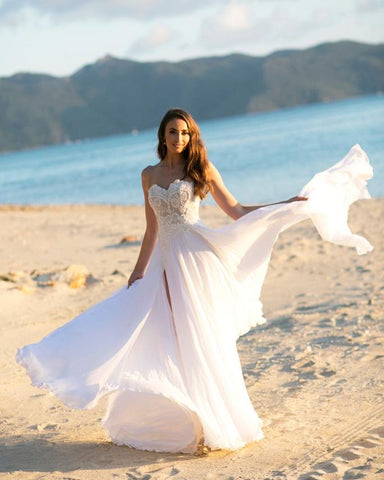 Simple Long A-line Sweetheart Chiffon Appliques Lace Wedding Dress