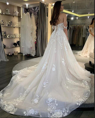 Simple Long A-line Tulle Off-the-Shoulder Lace Appliques Wedding Dress