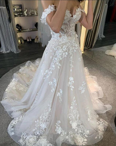 Simple Long A-line Tulle Off-the-Shoulder Lace Appliques Wedding Dress