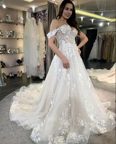 Simple Long A-line Tulle Off-the-Shoulder Lace Appliques Wedding Dress