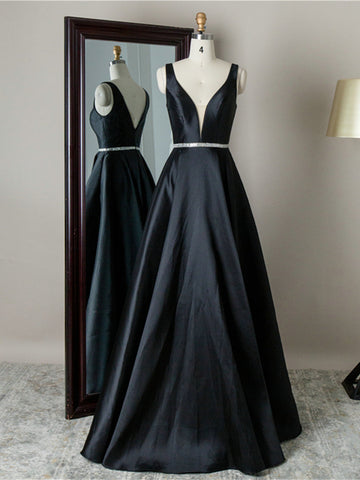 Simple Long A-line V-neck Backless Satin Prom Dress Black Formal Graduation Evening Dresses