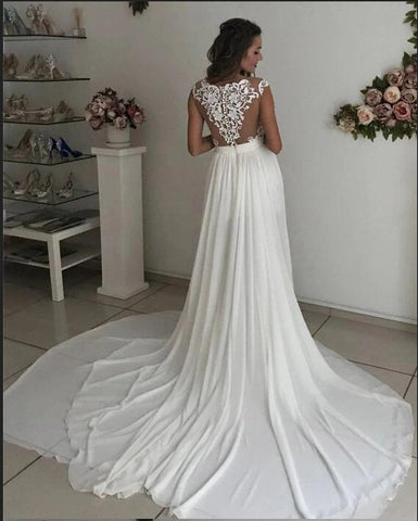 Simple Long A-line V-neck Chiffon Lace Wedding Dress with Slit